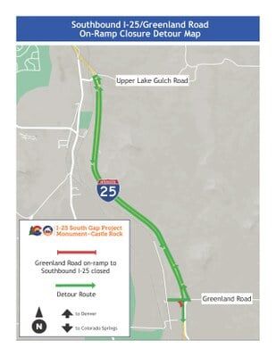 Southbound I-25/Greenland Road offramp closure detour map